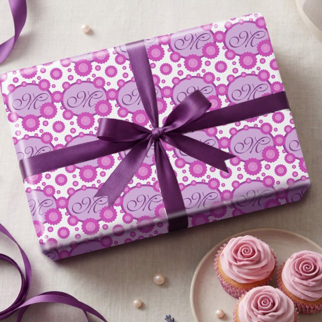 Cute Flowers & Ovals Gift Wrap With Script Text (Wrap it up in style. Custom initials and hand drawn cute pink flowers make every gift feel personal.)