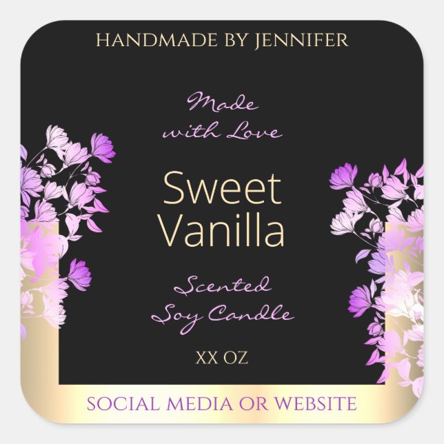 Cute Flowers Product Packaging Labels Black & Gold (Front)