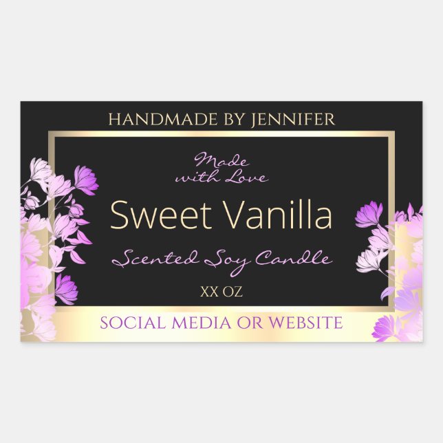 Cute Flowers Product Packaging Labels Black & Gold (Front)