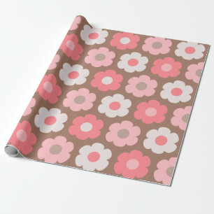 Cute Flowers Retro Floral Pink and Mocha Brown Wrapping Paper