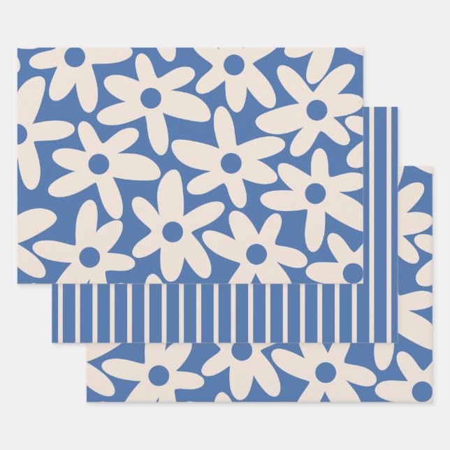 Cute Flowers & Stripes Simple Modern Patterns Blue Wrapping Paper Sheet (Set)
