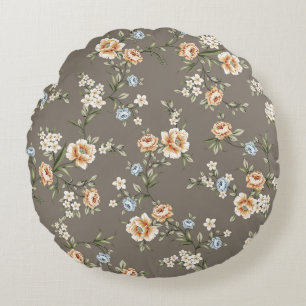 cute flowers with leaves pattern on grey backgroun round pillow