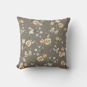cute flowers with leaves pattern on grey backgroun throw pillow