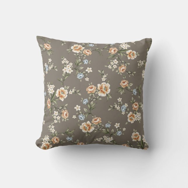 cute flowers with leaves pattern on grey backgroun throw pillow (Front)