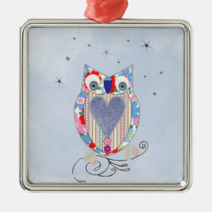 Cute Flowery Blue Pink Whimsical  Owl Picture Metal Ornament