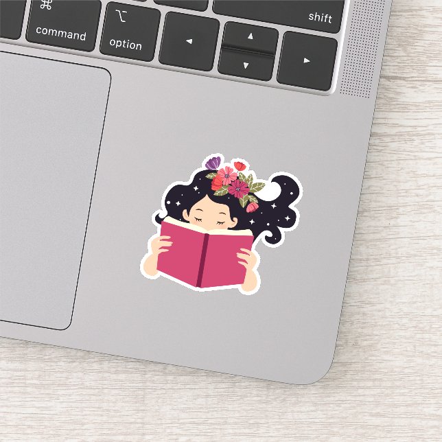 Cute flowery girl reading a book sticker (Detail)