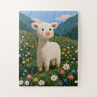 Cute Fluffy Baby Lamb in Wildflower Field Jigsaw Puzzle