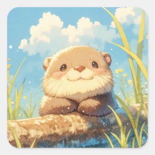 Cute Fluffy Baby Otter on Log with Blue Sky Square Sticker