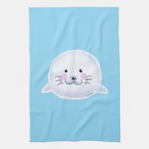 Cute Fluffy Baby Seal Illustration Kitchen Towel