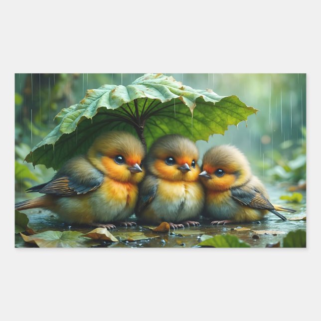 Cute fluffy birds in rain sticker (Front)