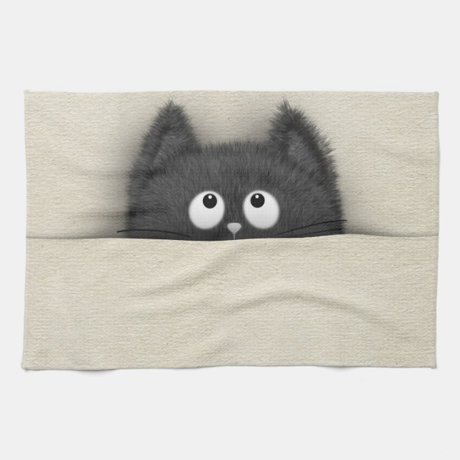 Cute Fluffy Black cat peaking out Kitchen Towel (Horizontal)