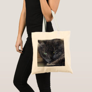 Cute Fluffy Black Cat Photo Personalized Tote Bag