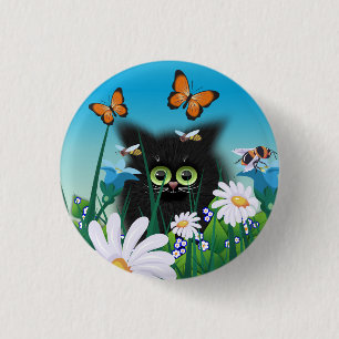 Cute Fluffy Black Kitten and Daisies Art 1 Inch Round Button