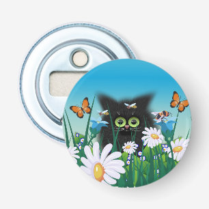 Cute Fluffy Black Kitten and Daisies Art Bottle Opener