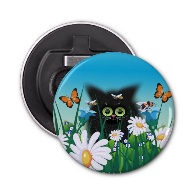 Cute Fluffy Black Kitten and Daisies Art Bottle Opener (Front)