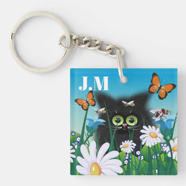 Cute Fluffy Black Kitten and Daisies Art Monogram Keychain (Front)