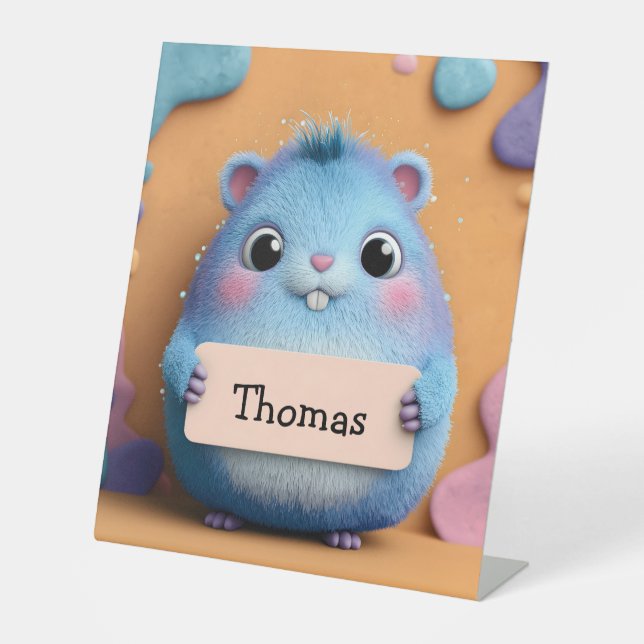 Cute Fluffy Blue Hamster Holding a Sign with Name (Front)