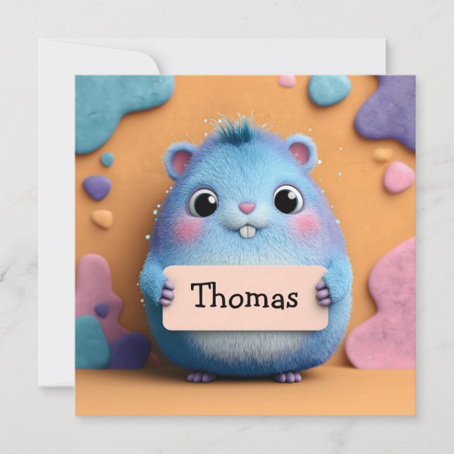 Cute Fluffy Blue Hamster Holding a Sign with Name (Front)