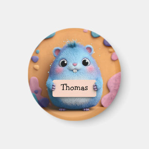 Cute Fluffy Blue Hamster Holding a Sign with Name Magnet