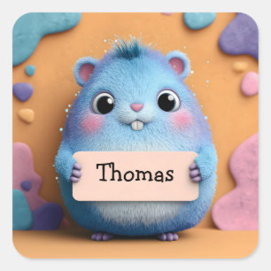 Cute Fluffy Blue Hamster Holding a Sign with Name Square Sticker