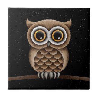 Cute Fluffy Brown Owl on a Branch with Stars Tile