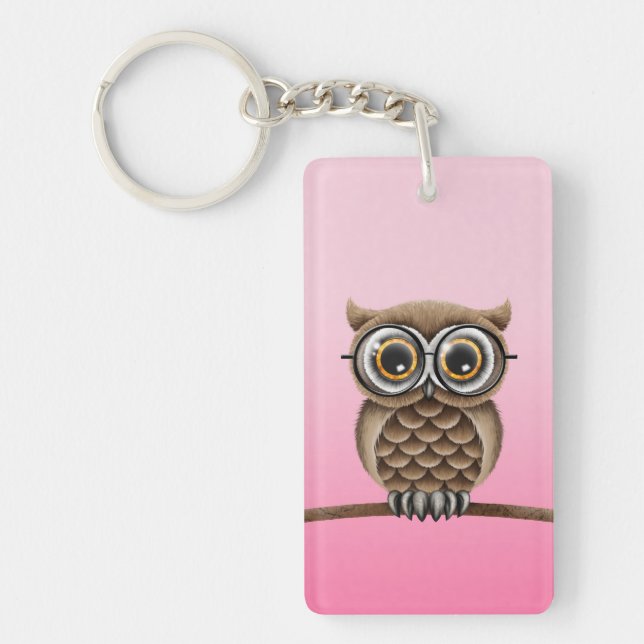 Cute Fluffy Brown Owl with Reading Glasses, Pink Keychain (Front)