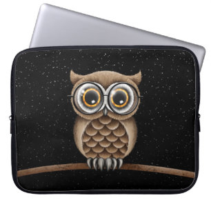 Cute Fluffy Brown Owl with Reading Glasses & Stars Laptop Sleeve