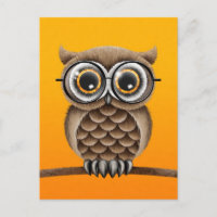 Cute Fluffy Brown Owl with Reading Glasses, Yellow