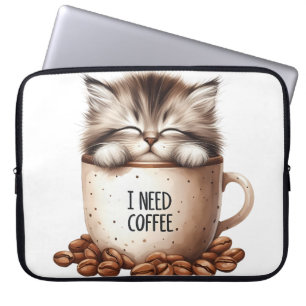 CUTE FLUFFY BROWN TABBY KITTEN IN COFFEE CUP LAPTOP SLEEVE