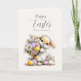 Cute Fluffy Bunny with Egg Basket Easter Card