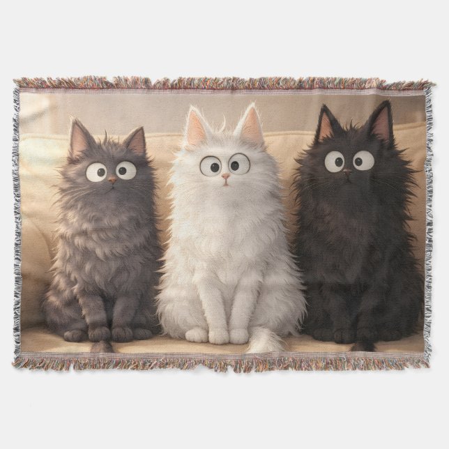 Cute Fluffy Cartoon Cats Gray White & Black  Throw Blanket (Front)