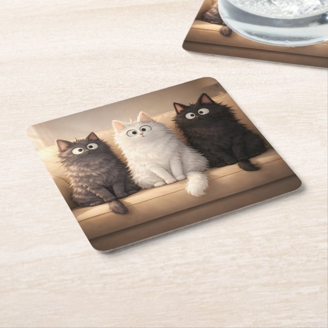 Cute Fluffy Cartoon Cats Whimsical Drink  Square Paper Coaster (Angled)