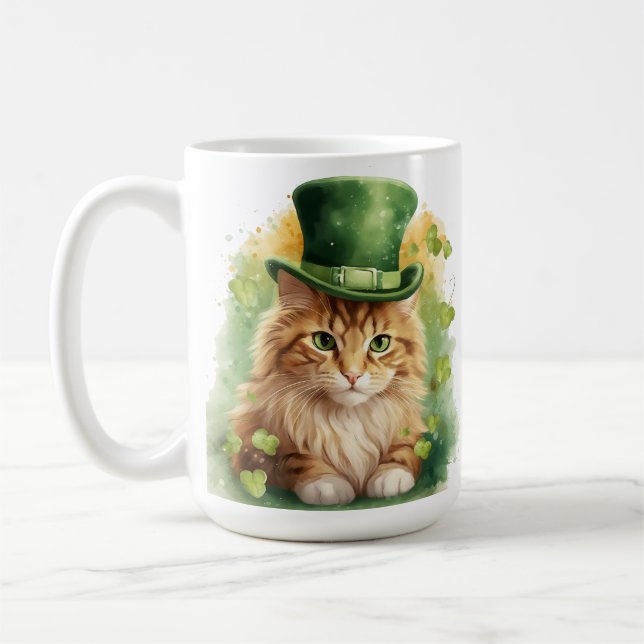 CUTE FLUFFY CAT DRESSED FOR ST PATRICKS DAY COFFEE MUG (Left)