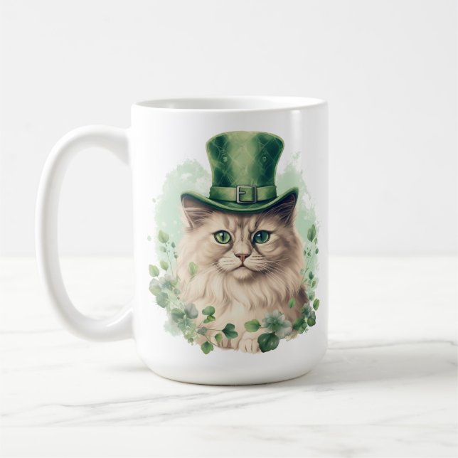 CUTE FLUFFY CAT DRESSED FOR ST PATRICKS DAY COFFEE MUG (Left)