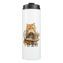 Cute Fluffy Cat Drinking Coffee Vintage Watercolor