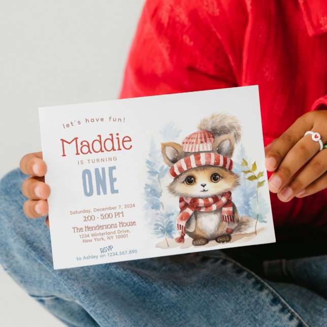Cute Fluffy Cat Fall Winter Custom Birthday Party Invitation (Creator Uploaded)