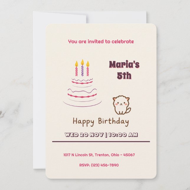 Cute Fluffy Cat with Birthday Cake  Invitation (Front)