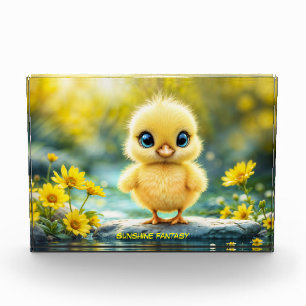 Cute fluffy chick with big eyes standing on a rock photo block