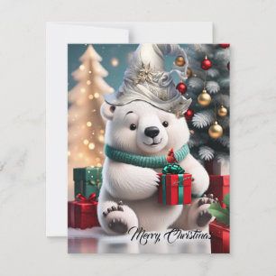 Cute fluffy christmas polar bear  with gift.  holiday card