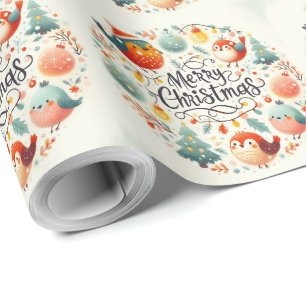 Cute fluffy Christmas robins wreath Wrapping Paper