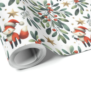 Cute fluffy Christmas Santa Fox wreath Wrapping Paper