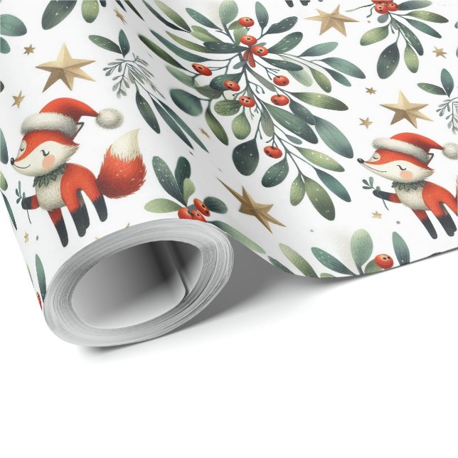 Cute fluffy Christmas Santa Fox wreath Wrapping Paper (Roll Corner)