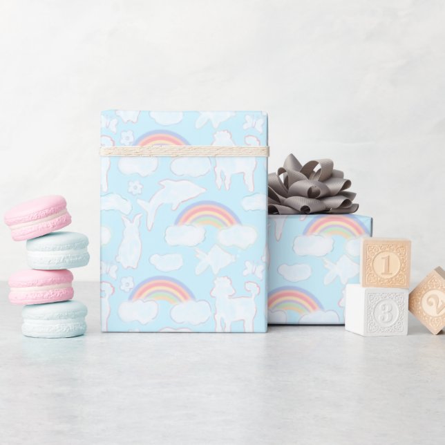 Cute Fluffy Clouds Animal Shaped and Rainbows  Wrapping Paper (Baby Shower)