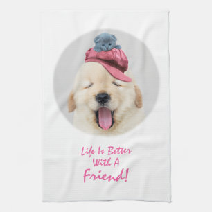 Cute Fluffy Dog with a Cat on His Head Personalize Kitchen Towel