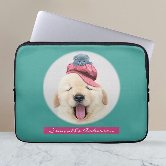 Cute Fluffy Dog with Cat, Name Laptop Sleeve (Creator Uploaded)