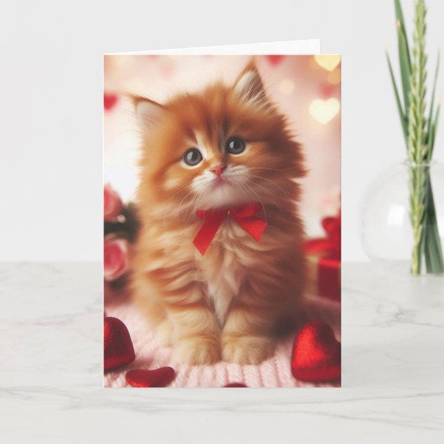 Cute Fluffy Ginger Valentine Kitten Card (Front)