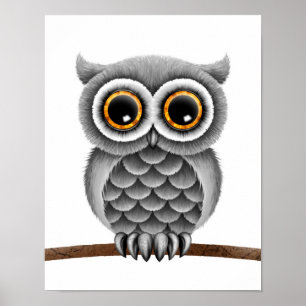 Cute Fluffy Gray Owl on a Branch, White Background Poster