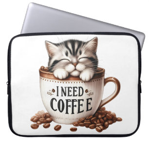CUTE FLUFFY GRAY TABBY KITTEN IN COFFEE CUP LAPTOP SLEEVE