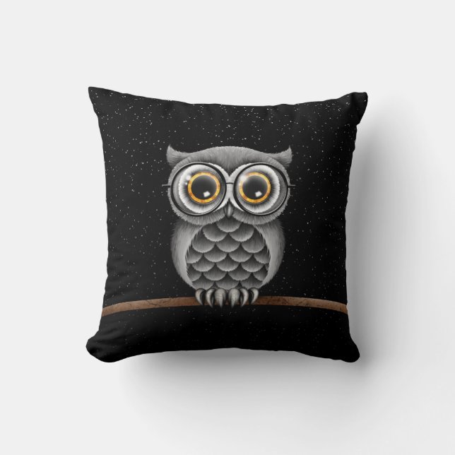 Cute Fluffy Grey Owl with Glasses with Stars Throw Pillow (Front)