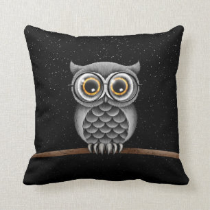 Cute Fluffy Grey Owl with Glasses with Stars Throw Pillow